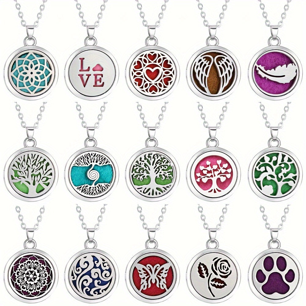 Stainless Steel Tree of Life Essential Oil Necklace with Refill Pads
