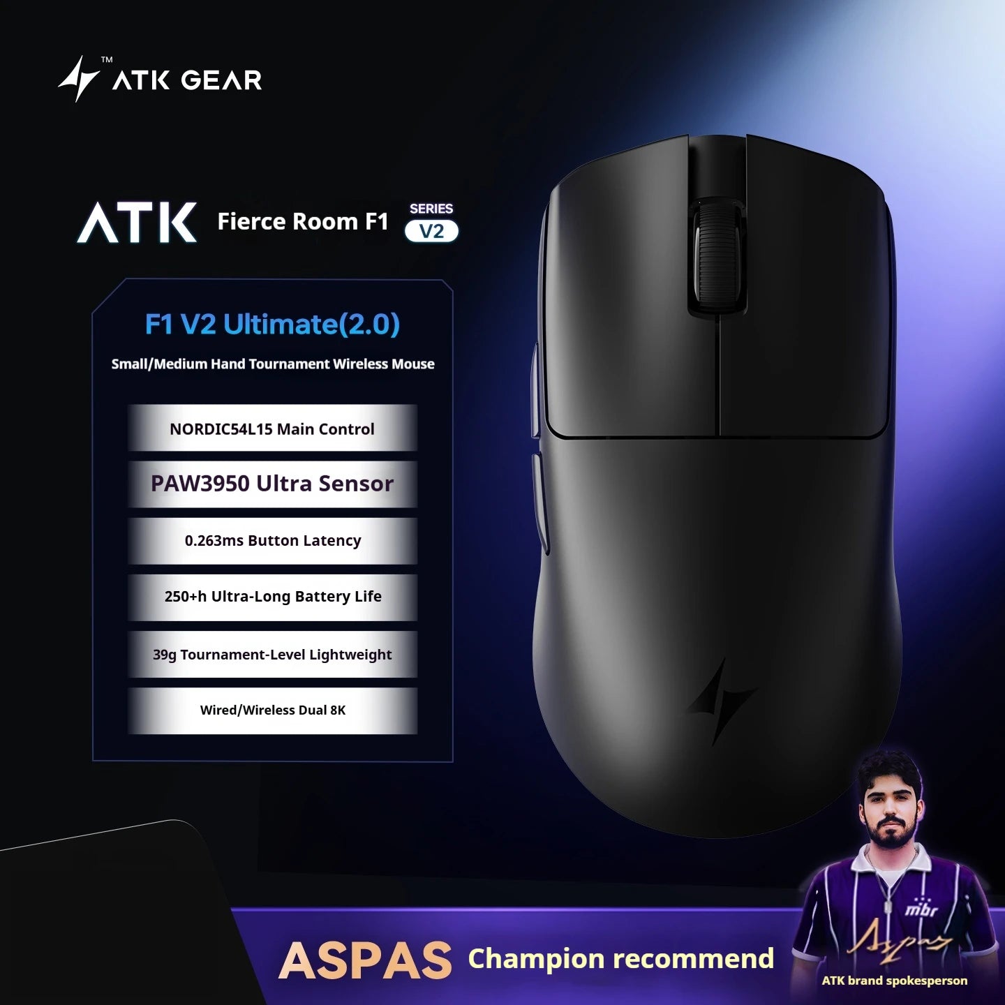 Atk Blazing Sky F1 V2 Ultimate Mouse Wireless F1 V2 Ultra Max Paw3950ultra Lightweight 750ips Low Latency 650ips Gamer Accessory