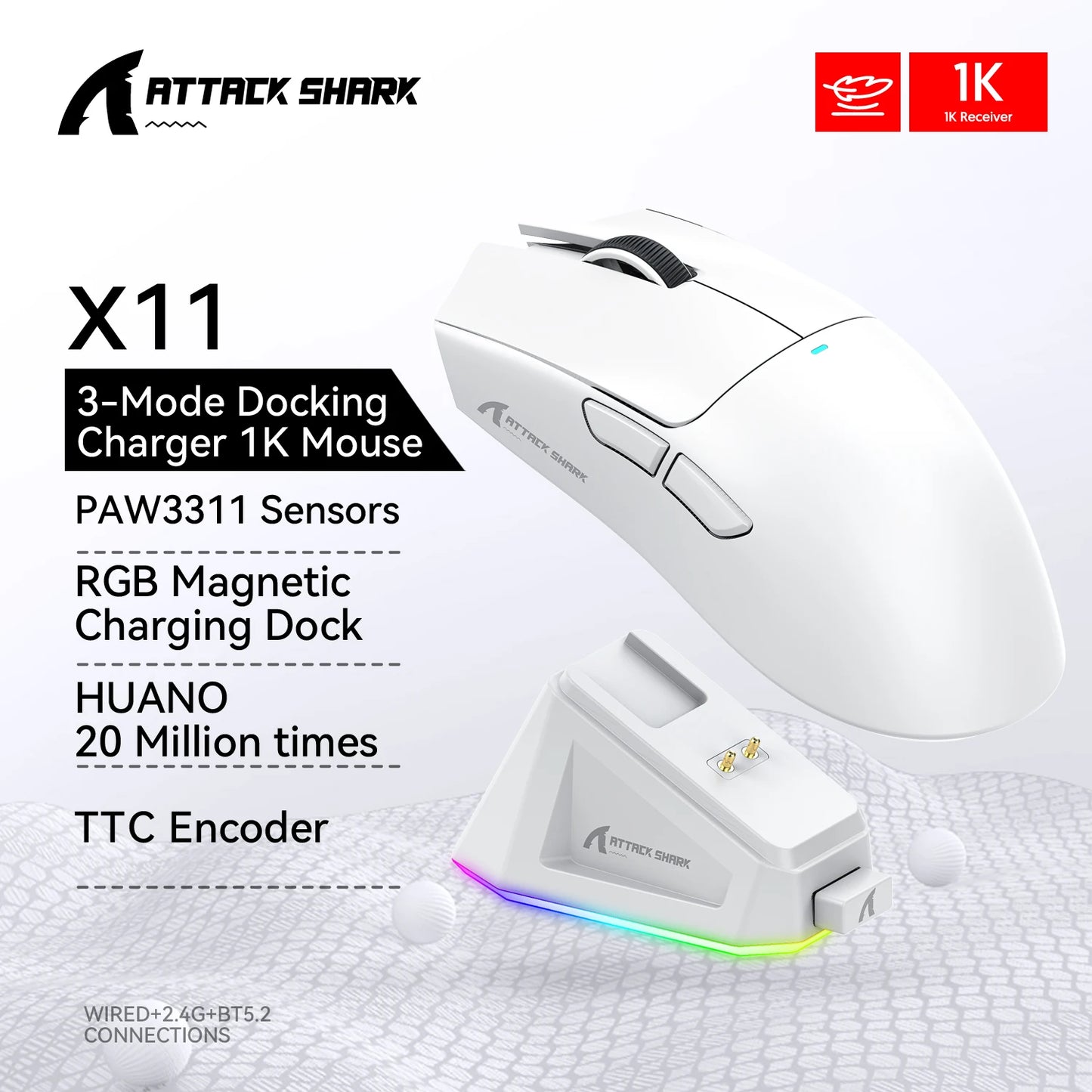 ATTACK SHARK Lightweight Gaming Mouse, RGB backlight and Magnetic Fast Charging