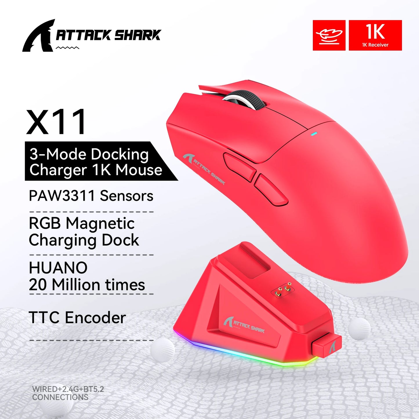 ATTACK SHARK Lightweight Gaming Mouse, RGB backlight and Magnetic Fast Charging