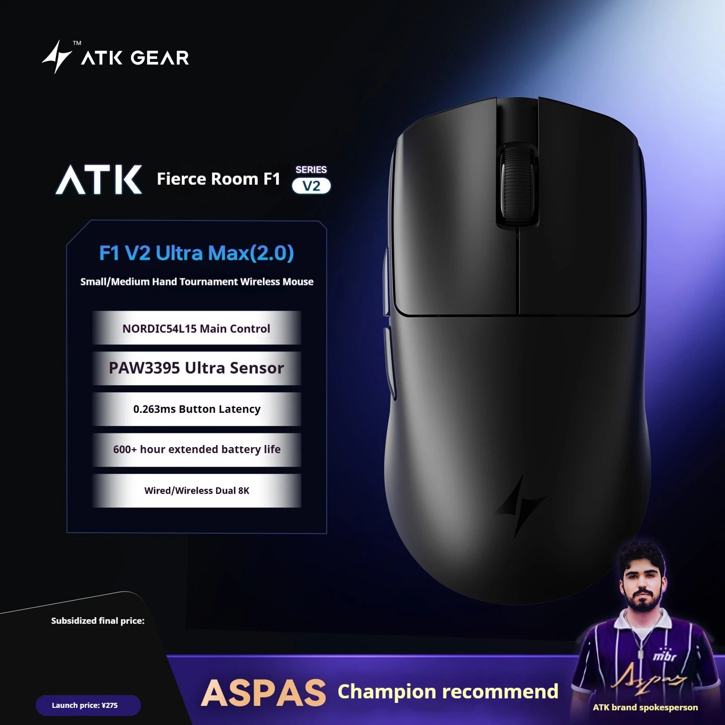 Atk Blazing Sky F1 V2 Ultimate Mouse Wireless F1 V2 Ultra Max Paw3950ultra Lightweight 750ips Low Latency 650ips Gamer Accessory
