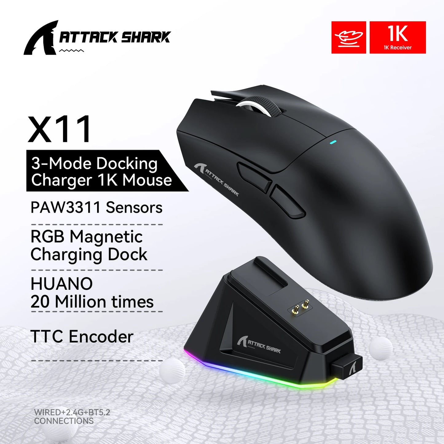ATTACK SHARK Lightweight Gaming Mouse, RGB backlight and Magnetic Fast Charging