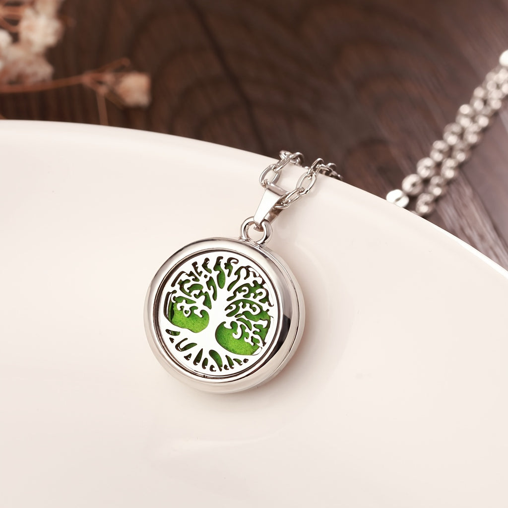 Stainless Steel Tree of Life Essential Oil Necklace with Refill Pads